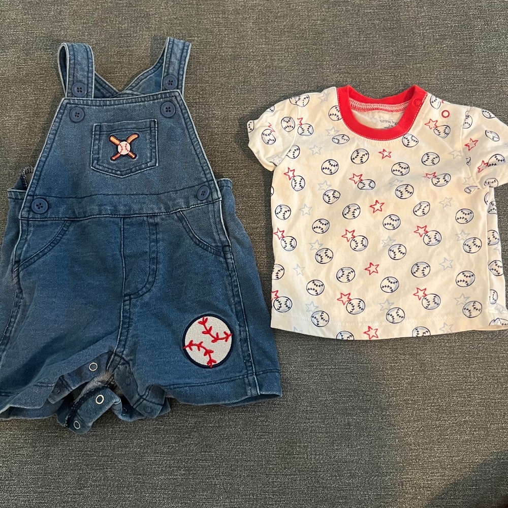 Baby boy Little Me Baseball blue jean overall shorts outfit 0 -3 month